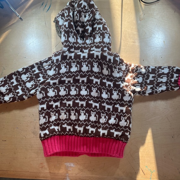 Hanna andersson kids fluffy knitted jacket, brown,pink and white, cat and dog - Picture 2 of 5